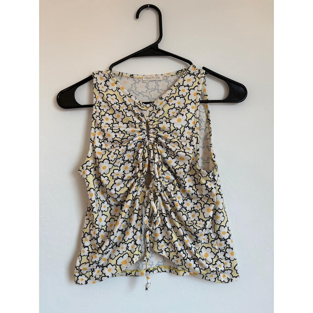 Heart & Hips Daisy Floral Ruched Drawstring Keyhole Tank Hippie 70s 80s Retro